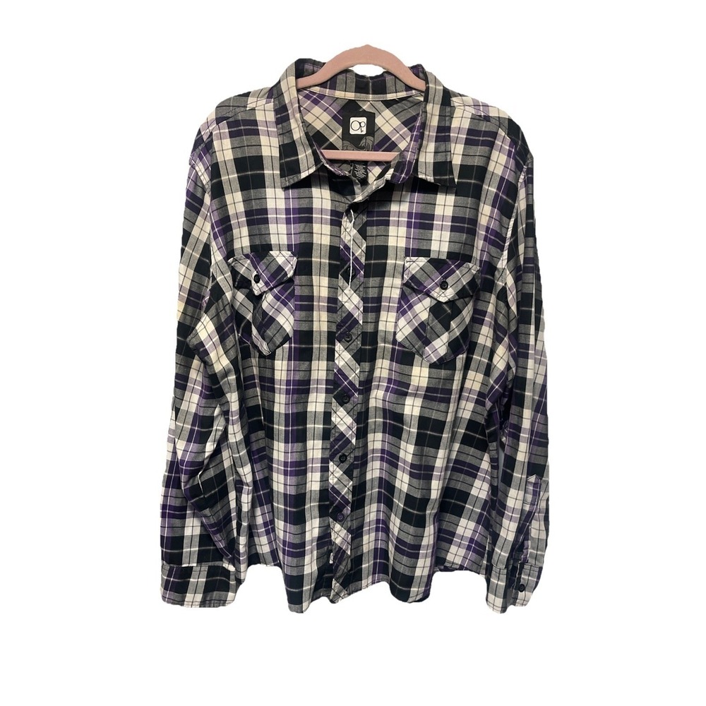 OP Mens Flannel Shirt Black Plaid Long Sleeve Button Up Size 2XL